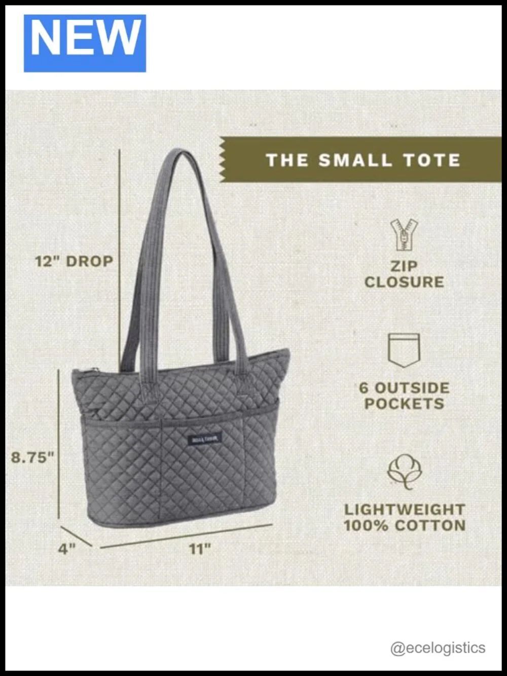 Quilted Small Tote Shoulder Bag for Women, Cotton, 10 Pockets, Machine Washable